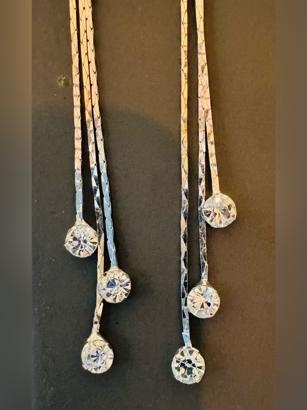 Silver Tone Dangle Earrings with Crystal Accents - 5” long - Picture 3 of 3